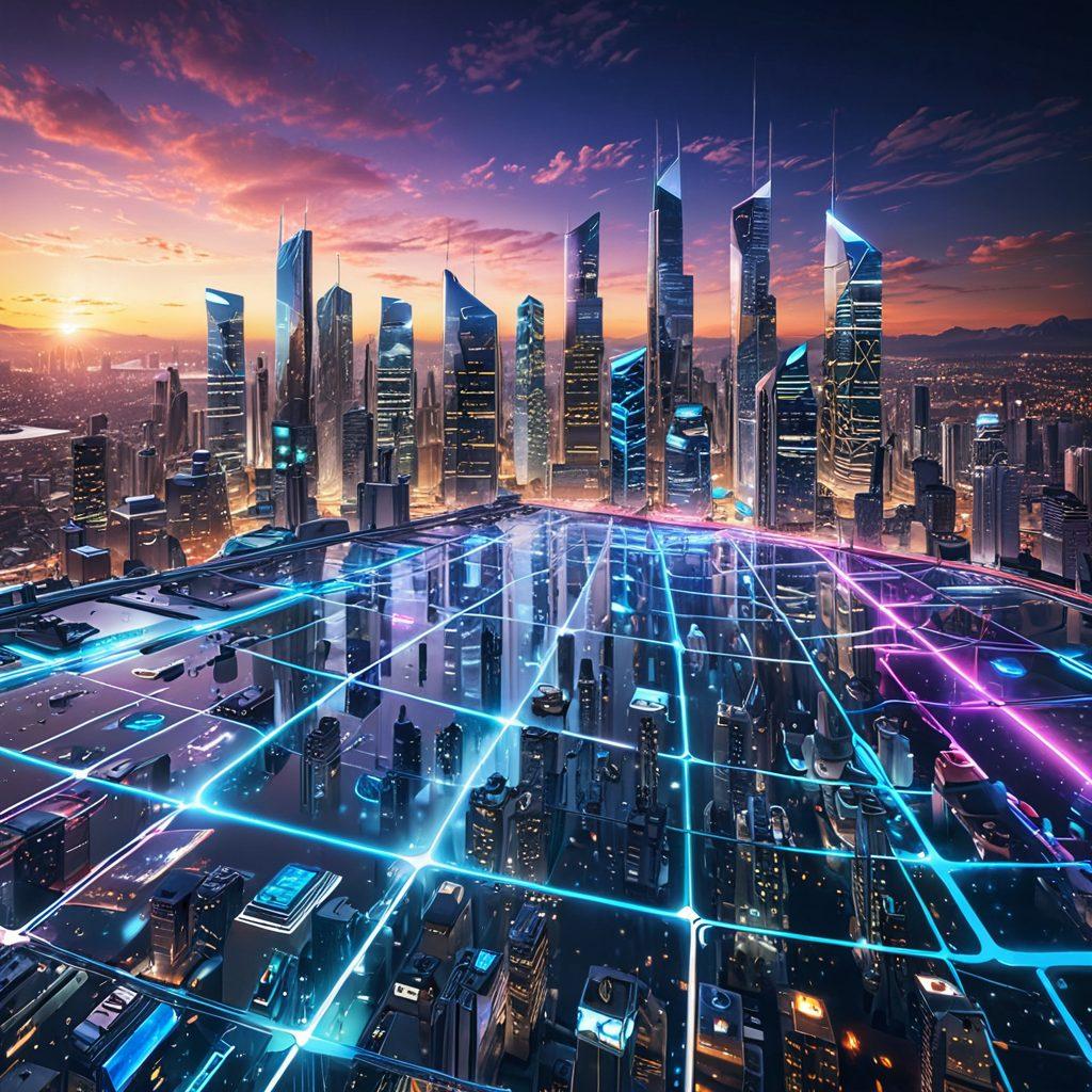 A futuristic city skyline with glowing digital connections bridging modern skyscrapers, central focus on a sleek digital platform symbolizing Ovidentia, surrounded by holographic data streams and tech symbols, capturing innovation and seamless connectivity. super-realistic. vibrant colors. 3D.