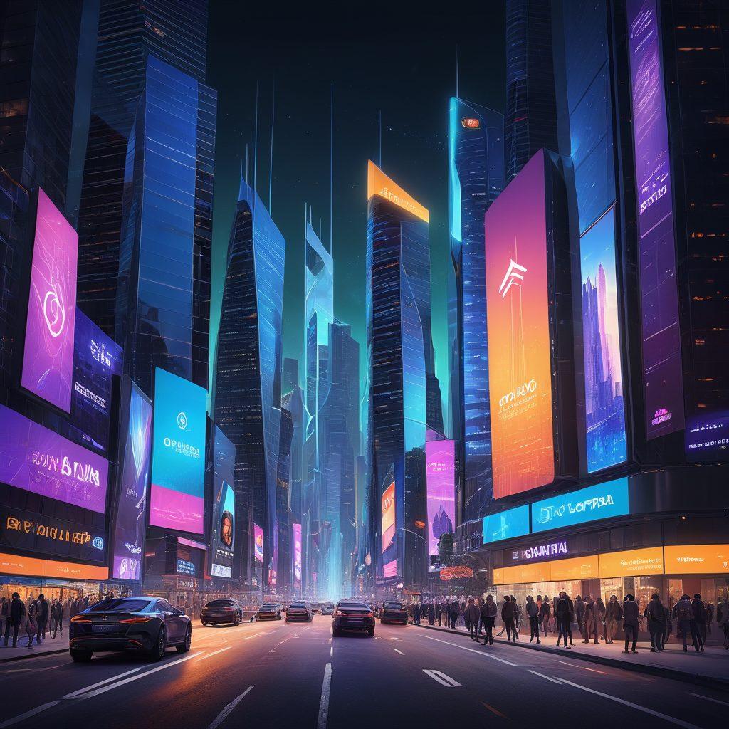 A high-tech, futuristic cityscape with sleek skyscrapers, glowing digital billboards showcasing Ovidentia's logo, and people interacting with various digital devices and interfaces. Include visual elements representing digital success, such as growth charts and virtual connections. super-realistic. vibrant colors. modern style.